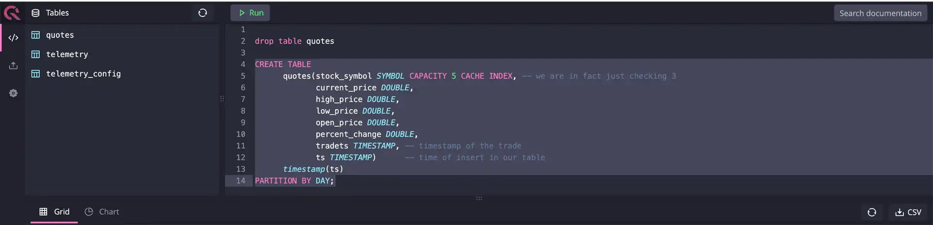 Creating a table using the SQL editor in QuestDB's web console